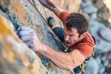 closeup on climbers face with intense focus while scaling - obrazy, fototapety, plakaty