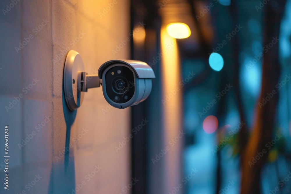 Poster a security camera mounted on the side of a building. this image can be used to depict surveillance, 