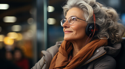 Elegant senior woman enjoying music in the city with headphones