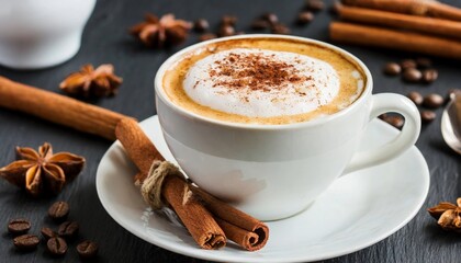 Cup of delicious cappuccino with cinnamon. Dried anise flower and coffee beans on table