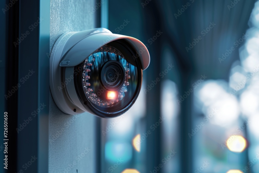 Poster a security camera mounted on the side of a building. can be used for surveillance and monitoring pur