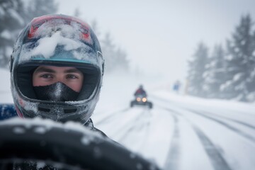 racers focused face as they navigate a snowy straightaway