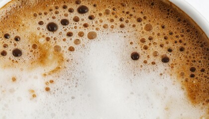 Close up of cappuccino foam or coffee with milk. Tasty hot drink.