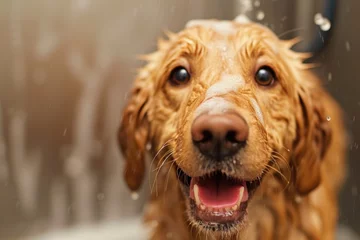 Foto op Aluminium A wet dog sitting in a bath tub. Can be used for pet grooming or bath time themes © Fotograf