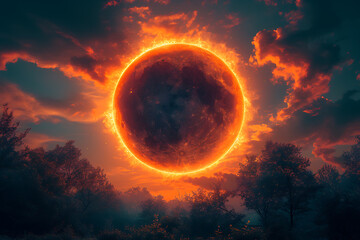 a huge fiery solar eclipse. The moon moves and covers the sun
