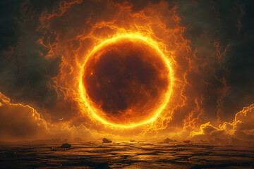 a huge fiery solar eclipse. The moon moves and covers the sun
 - obrazy, fototapety, plakaty