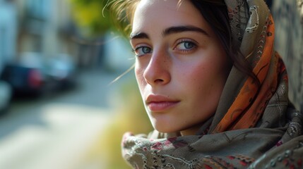 A woman is pictured wearing a headscarf and a scarf. This versatile image can be used in various contexts