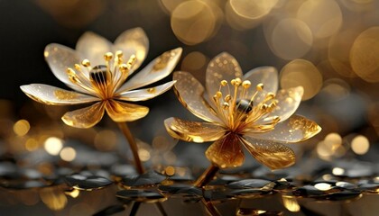 Abstrakcyjne złote kwiaty, tapeta, dekoracja. Generative AI