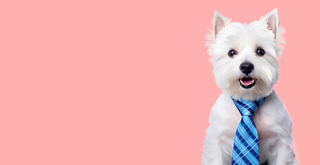 Funny dog in a tie on a colored background.