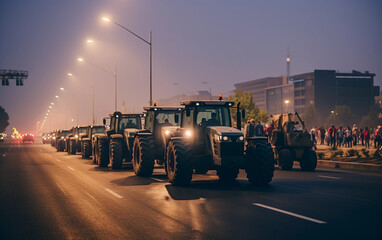 Line of Tractors Driving Down a Street at Night
