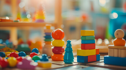 Kindergarten birght colored toys close up photo with pyramids. Cinematic photo of Montessori early...