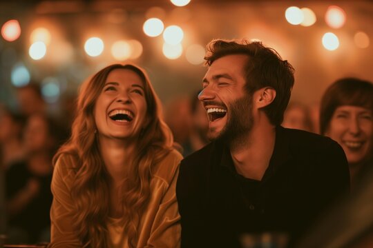 laughing couple watching standup show