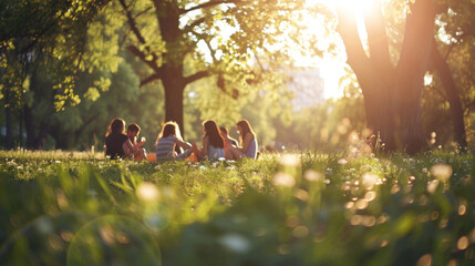 Group of happy children, friends boys and girls sit and play on green grass outdoors in spring park