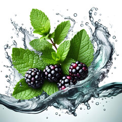 Clean water splash with mint leaves, blackberries and splatters in water wave isolated on white background