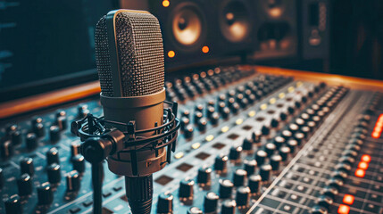 Close-up of a studio microphone setup with an audio mixer and monitors in the background of a sound...