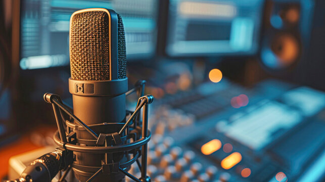 Close-up of a studio microphone setup with an audio mixer and monitors in the background of a sound recording studio.