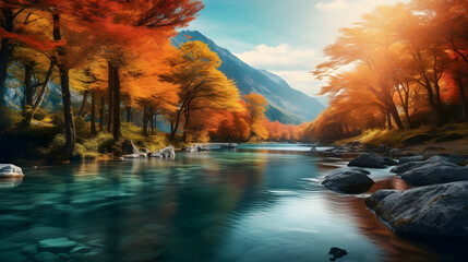 autumn landscape with river and forest