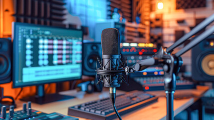 Fototapeta premium Close-up of a studio microphone setup with an audio mixer and monitors in the background of a sound recording studio.