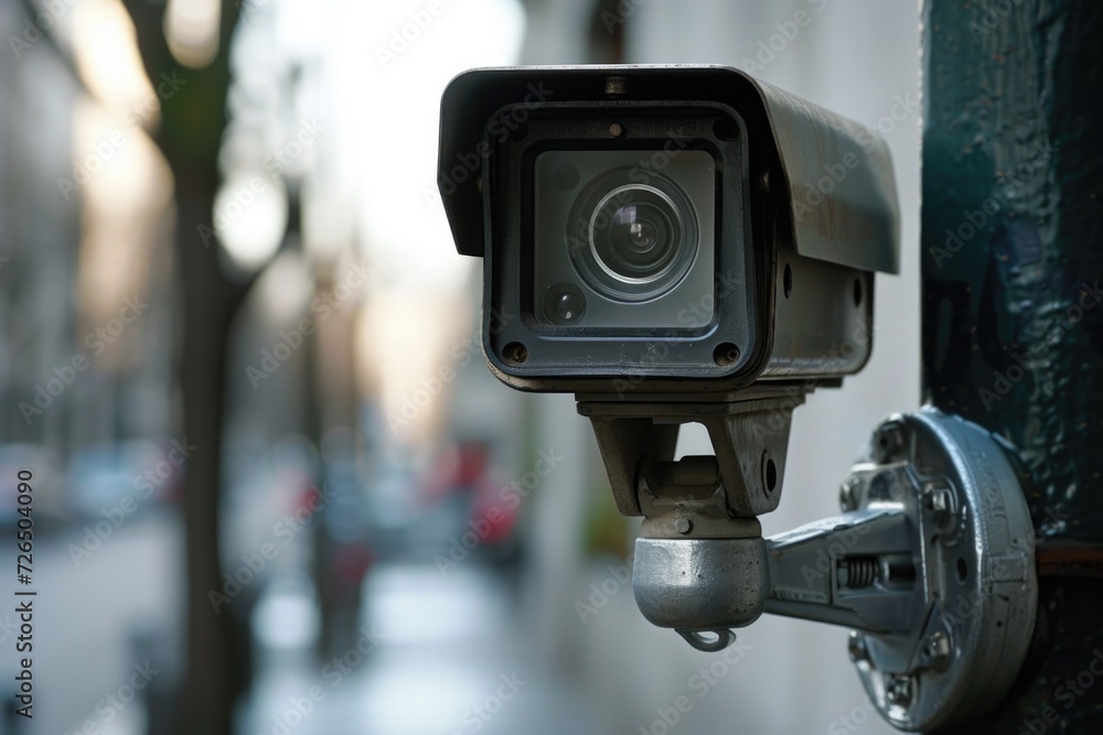 Poster a close-up view of a camera mounted on a pole. suitable for various applications