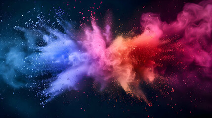 Rainbow colors dust background on dark. Colored powder explosion. Orange blue pink dust. High quality