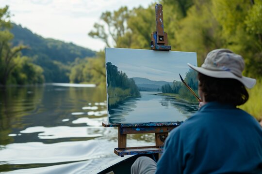 person painting landscape from quiet riverboat