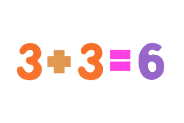 Three plus Three equals Six (3+3=6) Isolated on cut out PNG. Image of simple math addition operation for kids, math operation to enhance brain skills (Plus, minus, multiply, divide).