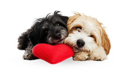 Two puppies in love lie together with a red heart isolated on a transparent background.