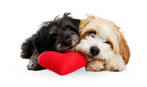 Two puppies in love lie together with a red heart isolated on a transparent background.