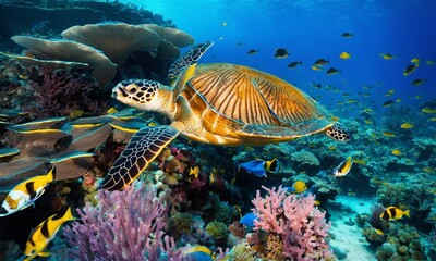 Life in a coral reef. Rich colors of tropical fish. Animals of the underwater sea world. Ecosystem.