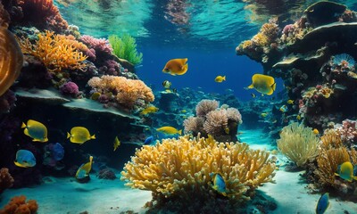 Fototapeta na wymiar Life in a coral reef. Rich colors of tropical fish. Animals of the underwater sea world. Ecosystem.
