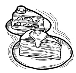 Sweet dessert cake with fruits for celebration birthday party or wedding, tasty breakfast. For cafe, restaurant menu print, postcard or poster. Hand drawn illustration. Cartoon style line art drawing.