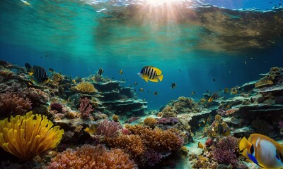 Fototapeta na wymiar Underwater Scene With Coral Reef And Exotic Fishes
