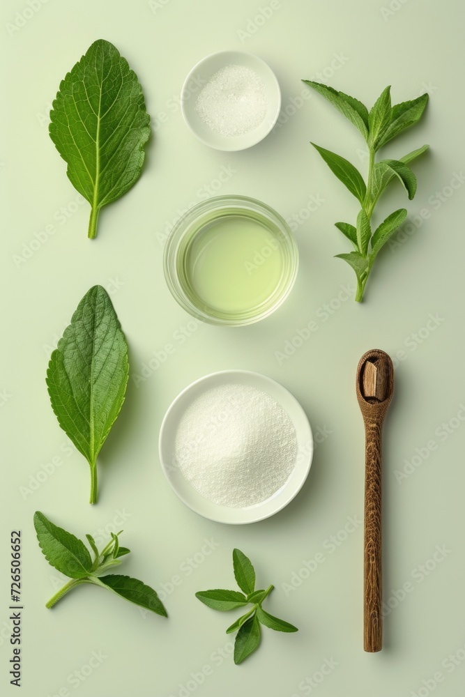 Poster a table topped with bowls and spoons filled with green leaves. versatile image for use in various co