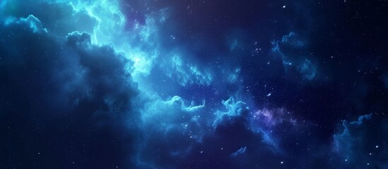 Illustration of deep space with cold blue nebulae, shining stars in a dark night sky. - obrazy, fototapety, plakaty