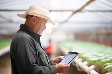 person using tablet to monitor environmental conditions in a mushroom farm