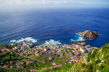 Fototapeta na wymiar Aerial view of Porto Moniz town, Natural volcanic lava pools in Madeira island. Travel concept
