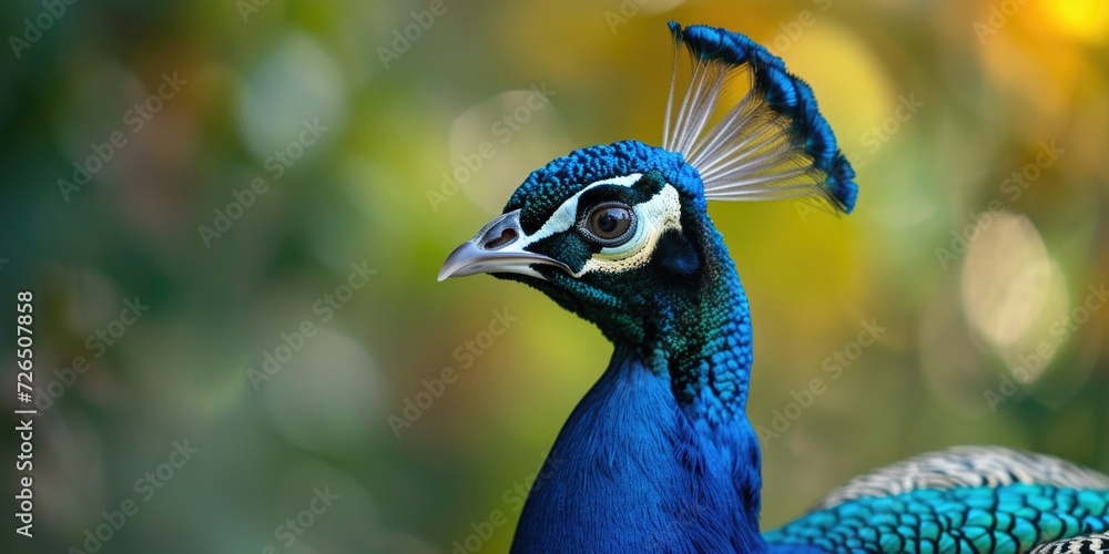 Poster a close-up view of a peacock's head with a blurred background. perfect for nature enthusiasts and an