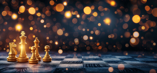 Strategic gameplay illuminated. Golden chess pieces on board with festive bokeh lights in the background