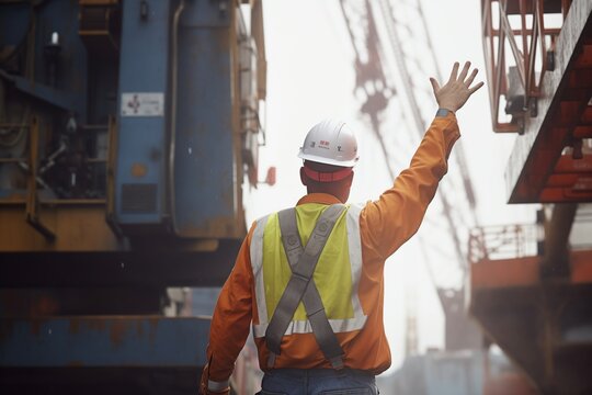 crew member signaling crane operator to hoist ship component