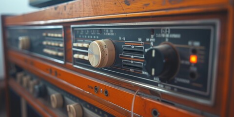 An up-close view of a vintage radio, showcasing its intricate details. Perfect for nostalgic designs and retro-themed projects