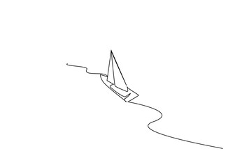 sailboat boat sea going away top view one line art design vector - obrazy, fototapety, plakaty