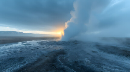 Naklejka premium A photo of Strokkur geyser, with bubbling hot water as the background, during a misty morning