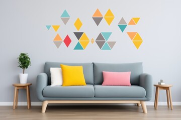 brightly colored geometric wall decal on a grey wall