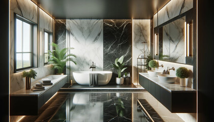 Modern luxury bathroom interior with a side view mock-up. The design features dark marble background walls, creating a sophisticated - obrazy, fototapety, plakaty