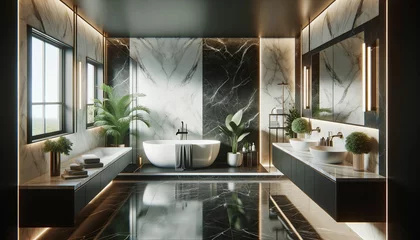 Poster Modern luxury bathroom interior with a side view mock-up. The design features dark marble background walls, creating a sophisticated © Nadtochiy