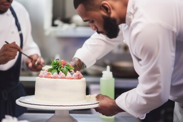 men take a cooking class, groom icing a gourmet cake