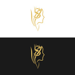 gold-colored initial "s" combined with a female face indicating beauty use for salon, hair, business, logo, design, vector, company, branding, and more