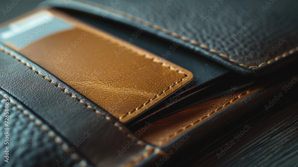 Poster a close-up view of a wallet with a credit card inside. this image can be used to depict financial tr