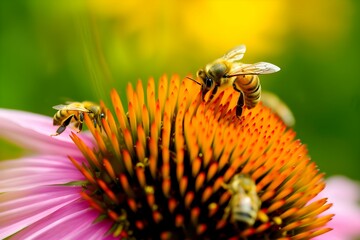 Honeybees Pollinating Vibrant Echinacea Flower - obrazy, fototapety, plakaty