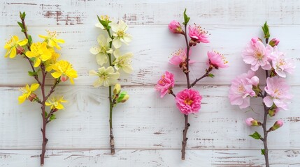 Yellow, green and pink sakura branches on a white wooden table